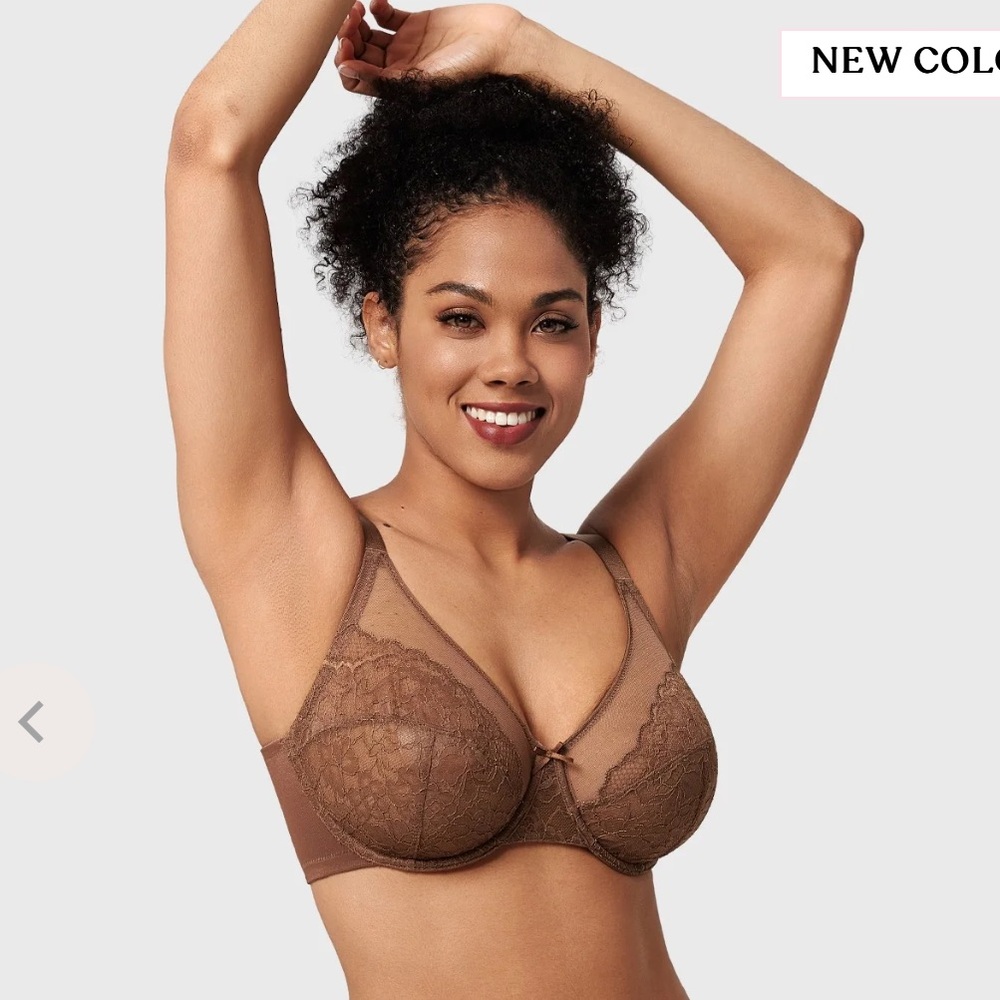 38H NWT Enchante Cocoa Brown Lace Unlined Full Coverage Underwire Bra HSIA
